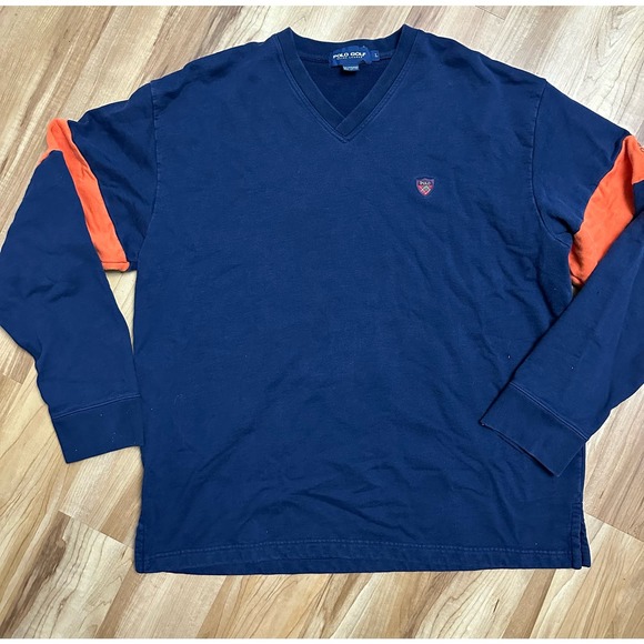 Vintage Polo Golf Ralph Lauren Embroidery Logo V Neck Blue Sweatshirt size L - Picture 1 of 6